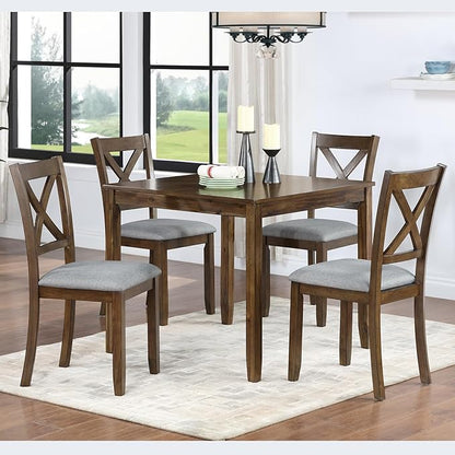 5-Piece Solid Wood Dining Table Set with 4 Upholstered Chairs, Square Kitchen Table Set for 4, Modern Dining Room Table and Chairs Set of 4 for Kitchen and Dining, Walnut