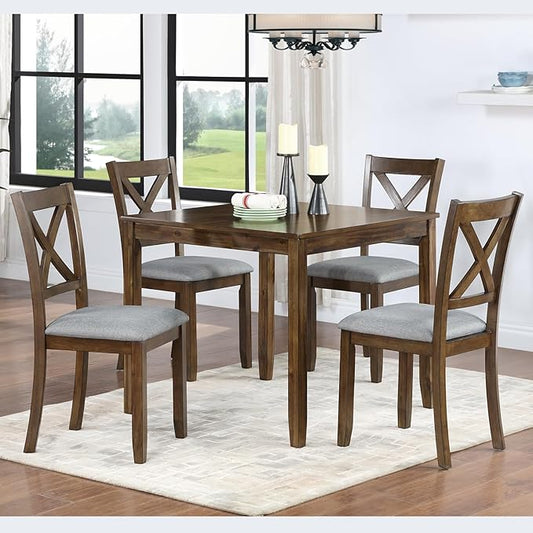 5-Piece Solid Wood Dining Table Set with 4 Upholstered Chairs, Square Kitchen Table Set for 4, Modern Dining Room Table and Chairs Set of 4 for Kitchen and Dining, Walnut
