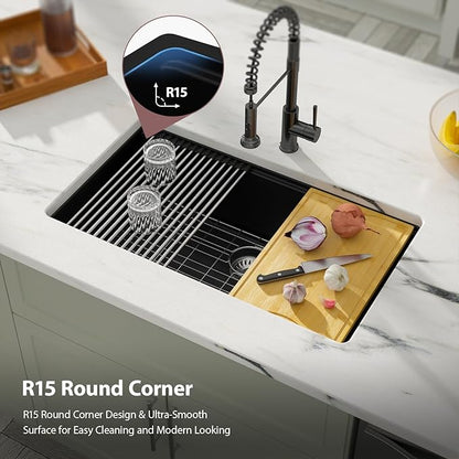 Dcolora Matte Black Quartz Kitchen Sink 33” Undermount Single Bowl, Workstation Design with Accessories, Durable Heat & Scratch Resistant Granite Sink #DC-GU7743