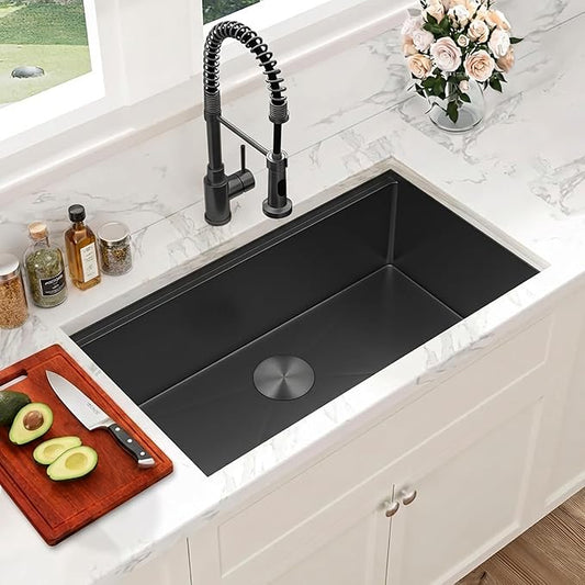 Black Undermount Kitchen Sink, 16 Gauge 304S Stainless Steel Workstation Sinks with Accessories, 33" x 18" x 10" Large and Deep Single Bowl Kitchen Sink