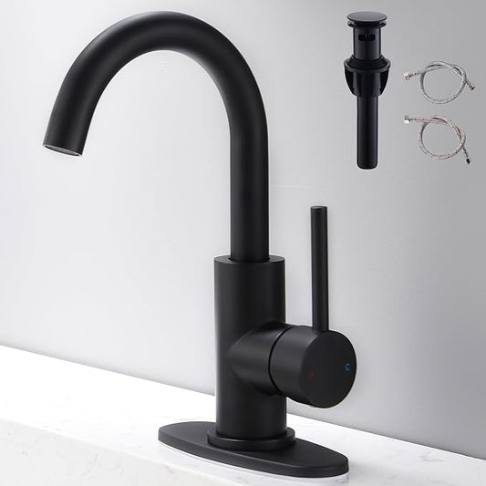 Black Bathroom Faucet | Matte Black Vanity Faucets with Pop-Up Drain, Modern Single Hole Bathroom Sink Faucets with Deck Plate Single Handle Lavatory Faucet 360° Swivel Spout Bar Sink Faucet