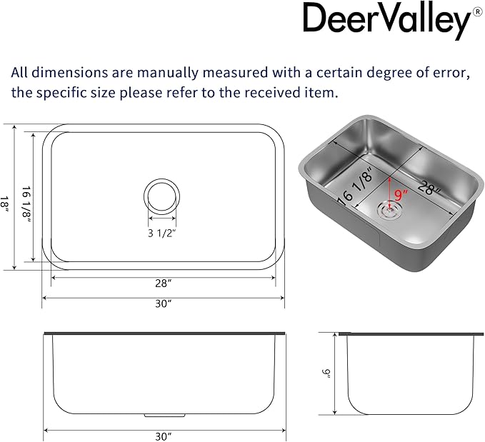 DeerValley 30 Inch Undermount Kitchen Sink 18 Gauge Stainless Steel Kitchen Sink Spacious Single Bowl Sinks with Basket Strainer Curved Shape Round Corner Deep Sinks for Modern Kitchens