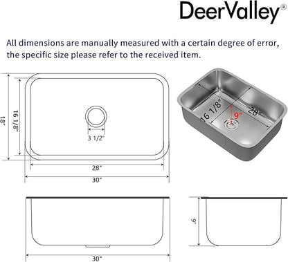 DeerValley 30 Inch Undermount Kitchen Sink 18 Gauge Stainless Steel Kitchen Sink Spacious Single Bowl Sinks with Basket Strainer Curved Shape Round Corner Deep Sinks for Modern Kitchens