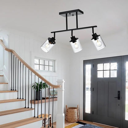 Track Lighting Fixtures 3 Light Ceiling Lights with Adjustable Track Heads, Black Bathroom Vanity Light with Clear Glass Shade, Modern Track Lighting Kit for Kitchen Office Living Room