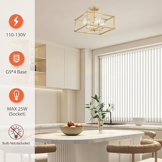 Modern Gold 4-Light Farmhouse Chandelier 15.7" Square Pendant Lighting Fixture Adjustable Height Ceiling Light for Kitchen Living Room Dining Room Hallway Bedroom Foyer
