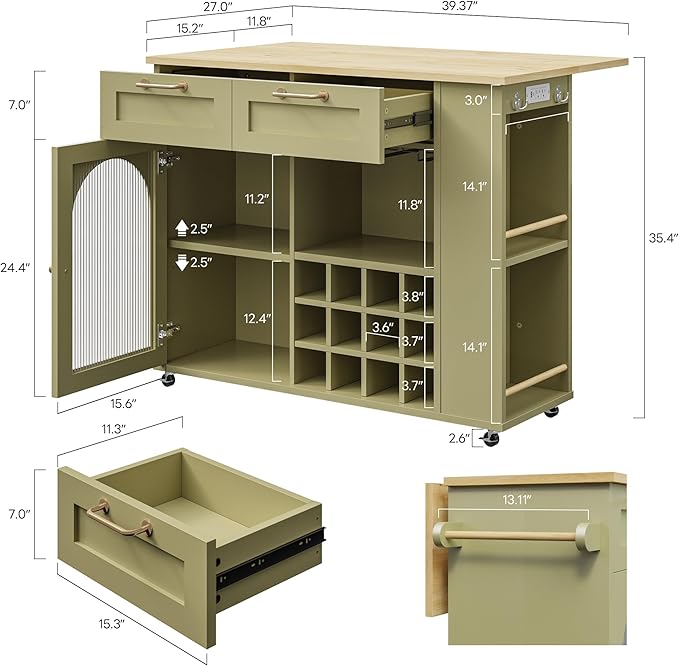 LIKIMIO Rolling Kitchen Island with Storage, 39.4" W Mobile Cart with Power Outlet & Drop Leaf Table, 2 Drawers, Removable 12 Grids, 3 Wine Racks, 360°Casters, Adjustable Shelf, Glass Door, Green