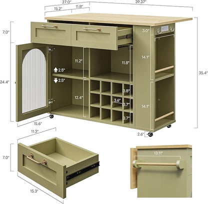 LIKIMIO Rolling Kitchen Island with Storage, 39.4" W Mobile Cart with Power Outlet & Drop Leaf Table, 2 Drawers, Removable 12 Grids, 3 Wine Racks, 360°Casters, Adjustable Shelf, Glass Door, Green