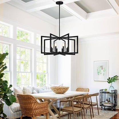 28" Modern Matte Black Chandelier for Dining Room, No Assembly Required Black Dining Room Light Fixture Over Table, Industrial Metal Hanging Pendant Lights Fixture for Kitchen Island, Entryway, Foyer