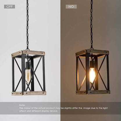 LNC Farmhouse Pendant Lighting Fixture Rustic Wood Cage Chandelier for Kitchen Island, Entryway, Foyer, Living and Dining Room, Brown, Rectangle