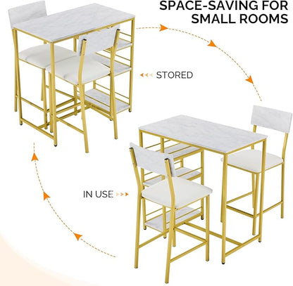 VINGLI Dining Table Set for 2, Kitchen Breakfast Counter Height Small 3 Piece Bar Table and Chairs Set with Storage, White Imitation Marble, Golden Frame
