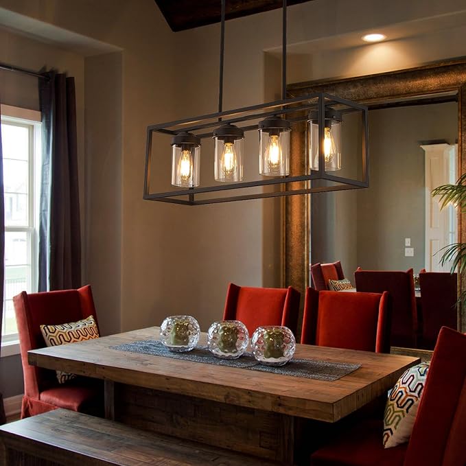 Black Dining Room Light Fixtures, Farmhouse Chandeliers for Dining Room Rustic Kitchen Island Light Fixtures Vintage Antique Linear Adjustable Hanging Pendant Light with Clear Glass Shade