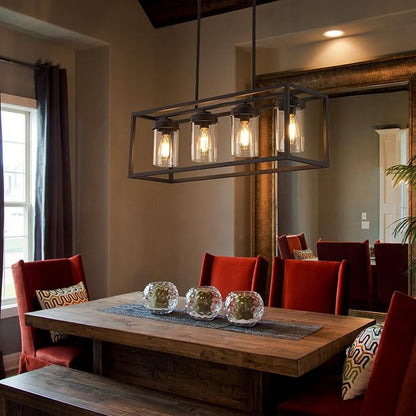 Black Dining Room Light Fixtures, Farmhouse Chandeliers for Dining Room Rustic Kitchen Island Light Fixtures Vintage Antique Linear Adjustable Hanging Pendant Light with Clear Glass Shade