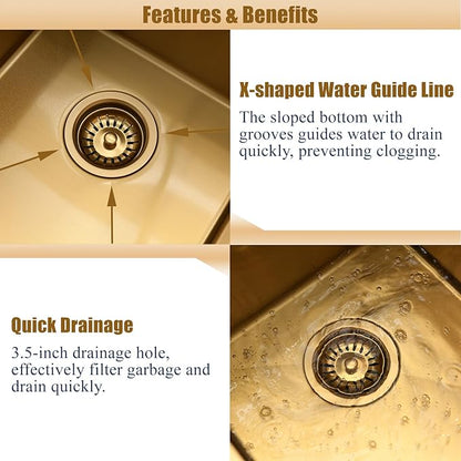 13 Inch Undermount Gold Bar Sink Workstation,13x18 Bar Sink Undermount Gold Stainless Steel Small Kitchen Sinks 18 Gauge Single Bowl Kitchen Wet Bar Sinks with Accessories