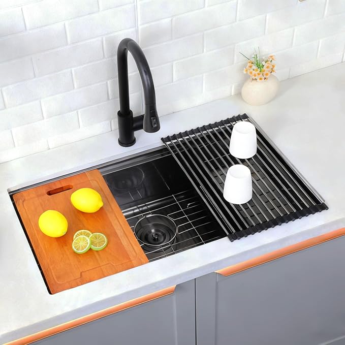 HOTIS 32 Inch Black Undermount Kitchen Sink Workstation, 32x18 Inch Large Outdoor Single Bowl Prep Sink, Stainless Steel T304 16 Gauge Deep Kitchen Sinks with Cutting Board Accessories
