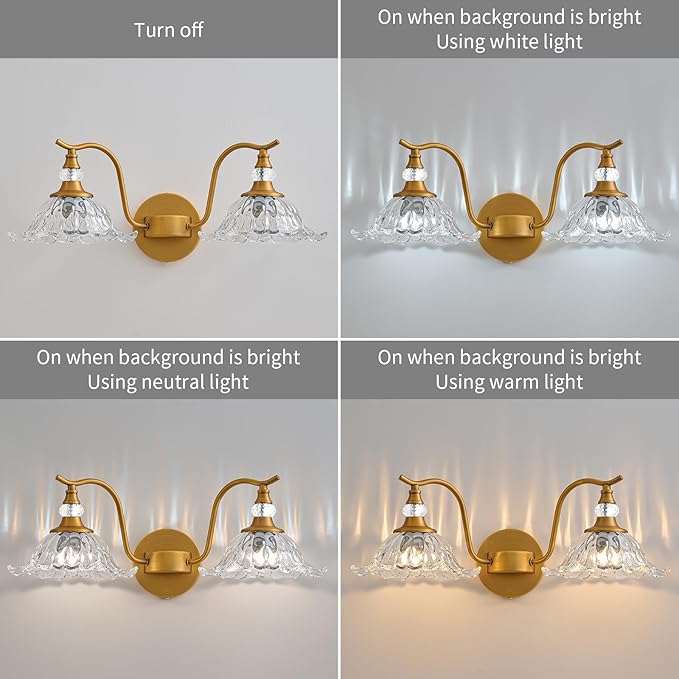 Vintage Bathroom Vanity Light Fixtures - 2 Light Antique Brass Bathroom Lights Fixture Over Mirror with Clear Flower Glass,Retro Brushed Gold Bronze Wall-Mounted Vanity Lighting for Powder Room