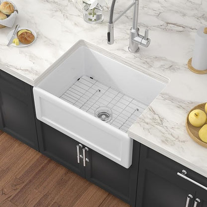 24 Inch White Farmhouse Sink Reversible Apron Front Fireclay Farm Sinks Heavy Duty Large Deep Ceramic Single Bowl Farm House Sinks, 24" x 18" x 10"