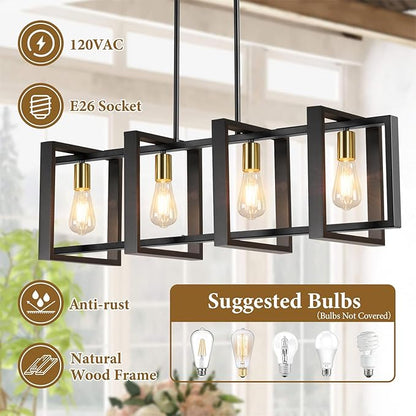 4-Light Dining Room Light Fixture, 53’’ Farmhouse Wood Chandelier Kitchen Island Lighting Over Table, Modern Black Gold Rectangular Hanging Pendant Light Fixture for Living Room, E26 Sockets
