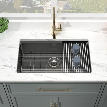 Kichae 28 Black Kitchen Sink Undermount Workstation - 28x18 Gunmetal Black Stainless Steel Undermount Kitchen Sink 16 Gauge Deep Single Bowl Basin Round Corner