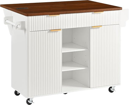 Modern Dining Table 52in Fluted Kitchen Island with Drop, Power Outlet, Cart with Shelves, 2 Doors 2 Drawers, Rolling Table for Kitchen Living Room,White-MDF