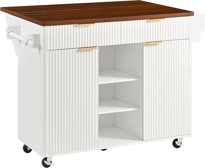 Modern Dining Table Kitchen Island with Drop, Power Outlet, Cart with Shelves, 2 Doors 2 Drawers, Rolling Table for Kitchen Living Room,White-MDF
