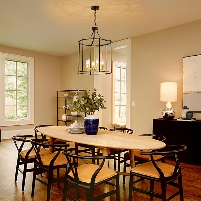 XINGQI 17.7" Lantern Pendant Light Modern Geometric Hanging Chandelier Black and Gold 6 Lights Adjustable Height Cage Pendant Lighting Fixture for Dining Room Living Room Kitchen Entryway Hallway