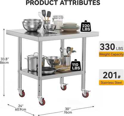 DWVO 30x24in Stainless Steel Table, NSF Metal Prep Worktable with Adjustable Shelf & Wheels for Kitchen Restaurant Hotel Garage Warehouse Home