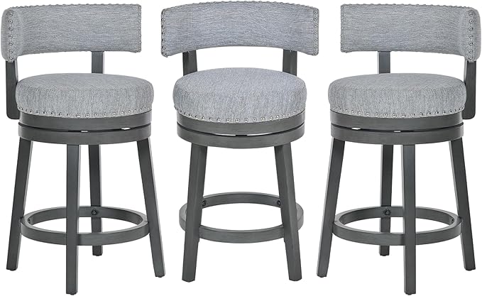 COLAMY Swivel Counter Height Bar Stools Set of 3, 25 Inch Modern Upholstered Kitchen Island Barstools with Back, Wood Swivel Bar Chairs for Counter Bar Dining Room, Grey