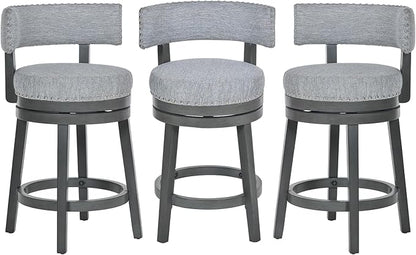 COLAMY Swivel Counter Height Bar Stools Set of 3, 25 Inch Modern Upholstered Kitchen Island Barstools with Back, Wood Swivel Bar Chairs for Counter Bar Dining Room, Grey