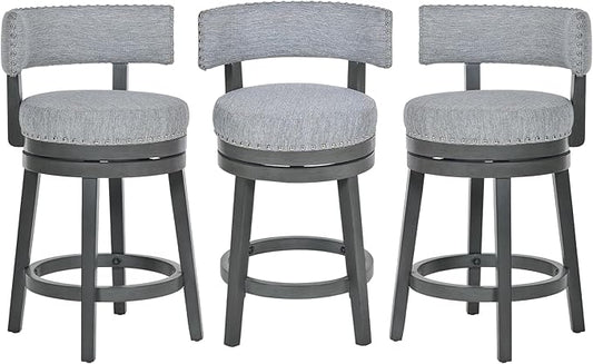 COLAMY Swivel Counter Height Bar Stools Set of 3, 25 Inch Modern Upholstered Kitchen Island Barstools with Back, Wood Swivel Bar Chairs for Counter Bar Dining Room, Grey