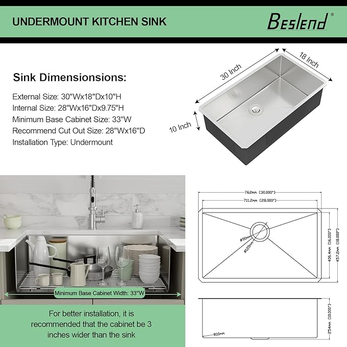 30 Inch Undermount Kitchen Sink - Beslend 30x18x10 Inch Undermount Stainless Steel Kitchen Sink 16 Gauge Single Bowl Round Corner Under Counter Basin