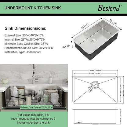 30 Inch Undermount Kitchen Sink - Beslend 30x18x10 Inch Undermount Stainless Steel Kitchen Sink 16 Gauge Single Bowl Round Corner Under Counter Basin