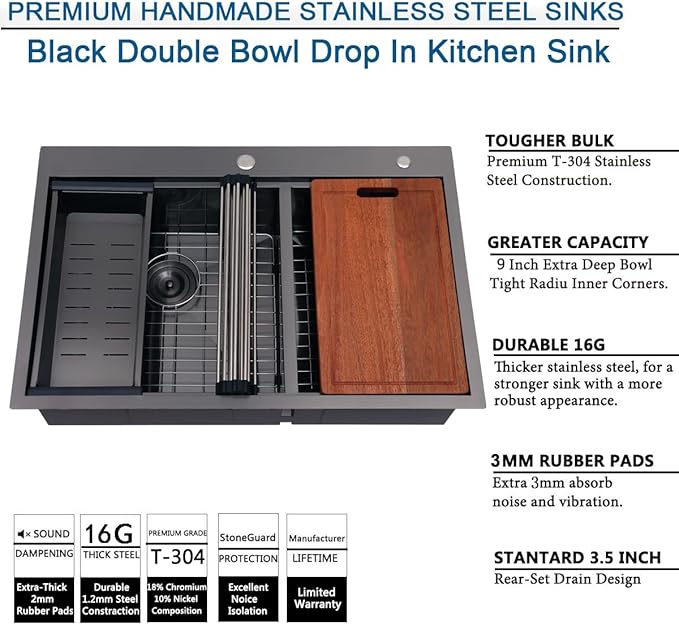 60/40 Drop In Double Bowl Kitchen Sink Black, 33x22 Inch Gunmetal Black Drop In Kitchen Sink Ledge Workstation 16 Gauge Stainless Steel Topmount Dual Basin with Cutting Board