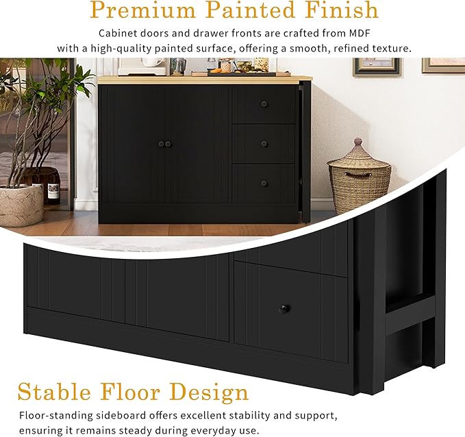 JIJIWANG 89.7'' Wooden Sideboard with Extendable Table,Multifunctional Storage Kitchen Island with 2 Doors and 3 Drawers,for Living Room,Study,Foyer and Kitchen, Black+Natural