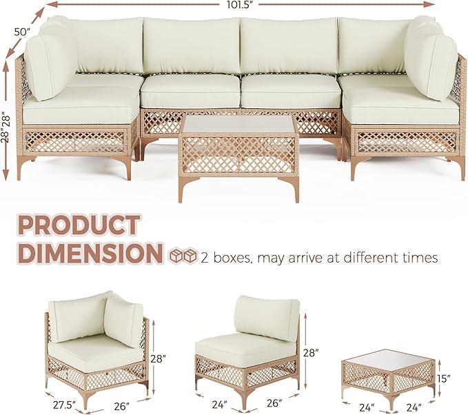 Outdoor Patio Furniture Set, Wicker Outdoor Sectional Set, Boho Patio Conversation Sectional Sofa with Large Tempered Glass Coffee Table and Waterproof Cushion (Large Size 7-Piece Patio Furniture)