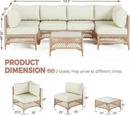 Outdoor Patio Furniture Set, Wicker Outdoor Sectional Set, Boho Patio Conversation Sectional Sofa with Large Tempered Glass Coffee Table and Waterproof Cushion (Large Size 7-Piece Patio Furniture)