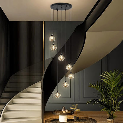 Weesalife Crystal Chandeliers for Staircases, 7-Light Black Modern Chandeliers for High Ceilings，Crystal Pendant Light Fixture for Living Room Kitchen Island Foyer Hallway Bar