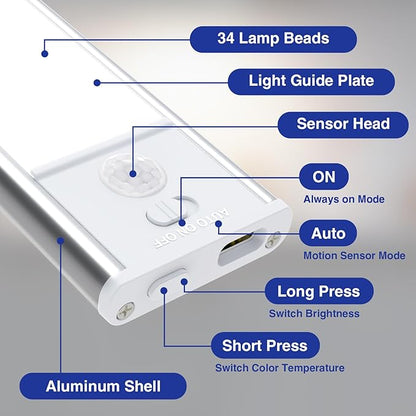 Onforu Under Cabinet Lighting, 54 LED Motion Sensor Light, Dimmable & 3 Color Temperature Closet Lights, 1500mAh USB Rechargeable Battery Operated, Magnetic Under Counter Lights for Kitchen 12inch