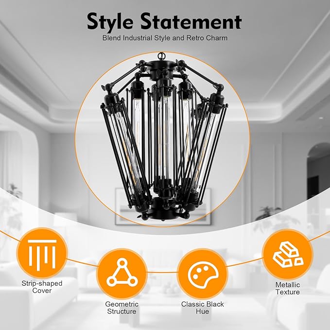 8-Lights Retro Metal Pendant Lamp with Glass Lamp Tube, Industrial Metal Chandelier, Vintage Mid Century Lighting Fixture, Steampunk Style Pendant Light for Foyer Hallway Living Room Bar