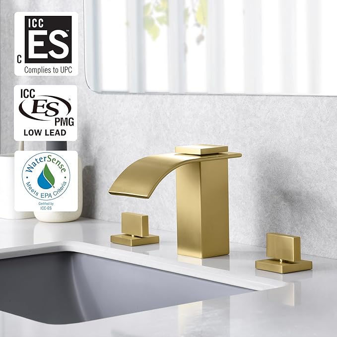 SUMERAIN Brushed Gold Waterfall Bathroom Faucet 3 Hole 8 Inch Widespread Bathroom Sink Faucet