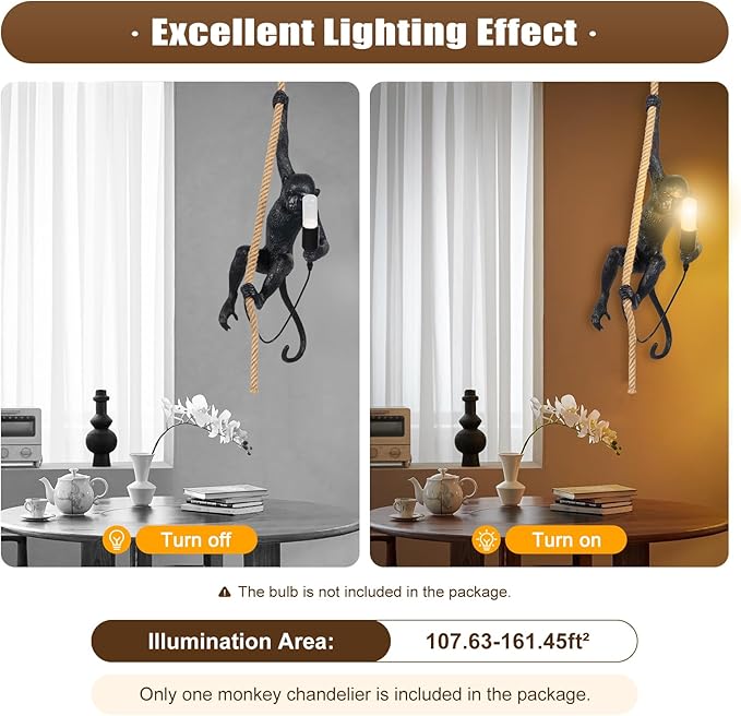 LOYALHEARTDY Vintage Resin Hemp Rope Monkey Pendant Light Fixture Monkey Chandelier Industrial Retro E26 Edison Ceiling Pendant Lamp for Dining Living Room Bedroom Bar Cafe (Black)
