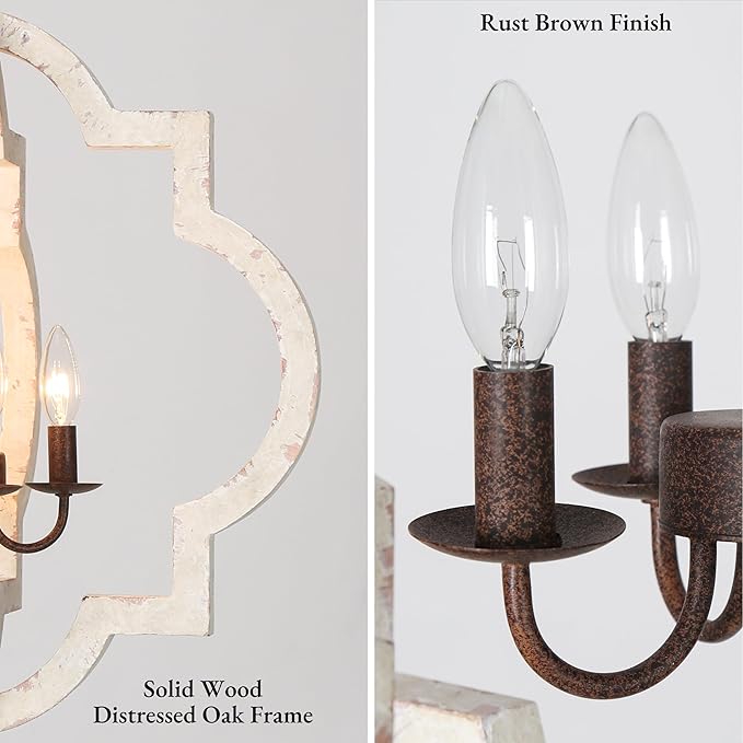 LALUZ Farmhouse White Wood Chandelier, Rustic 4-Light Distressed Pendant Light with Rust Brown Metal Frame, French Country Lighting Fixtures Adjustable Height for Dining Room, Kitchen Island, Foyer