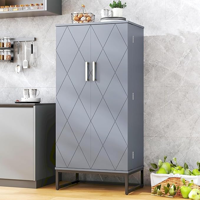 kepptory 51" Kitchen Pantry Storage Cabinet, Freestanding Pantry Cabinets with Doors andAdjustable Shelves, Buffet Cupboards Storage Cabinet for Home Office Use, DinningRoom(Grey)