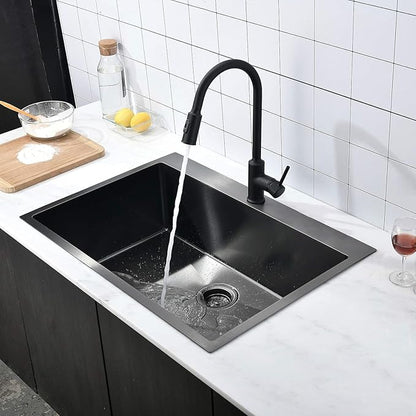 KINGO HOME 28 Inch Black Drop in Kitchen Sink, 28x18 Inch Gunmetal Black Single Bowl Stainless Steel Basin Topmount Kitchen Sink, 16 Gauge Metal Sink with Strainer