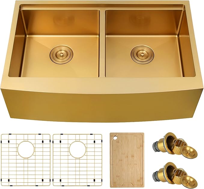 Gold Farmhouse Sink 33" X 20",Gold Kitchen Sink Double Bowl,33 inch Apron-Front Farmhouse Workstation Sinks,16 Gauge Stainless Steel Double Kitchen Sink
