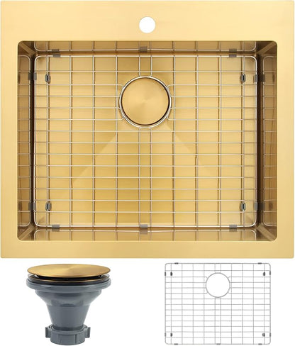 Gold Drop In Kitchen Sink 25” X 22”, 25 Inch Top Mount 16 Guage T-304S Stainless Steel Kitchen Sinks, 10 Inch Deep Single Bowl laundry Sink with Accessories