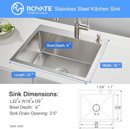 ROVATE 22 x 18 inch Drop-in Kitchen Sink Single Bowl, Small Topmount Kitchen Sink, Handmade 304 Stainless Steel Overmount Sinks with Strainer