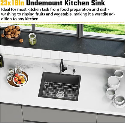 Black 23x18 Inch Undermount Kitchen Sink-Stainless Steel Single Bowl Drop In Kitchen Sink Stylish And Modern Look With Bottom Grid,Silicon Mat And Drain Assembly Add Elegance & Enhance Usability