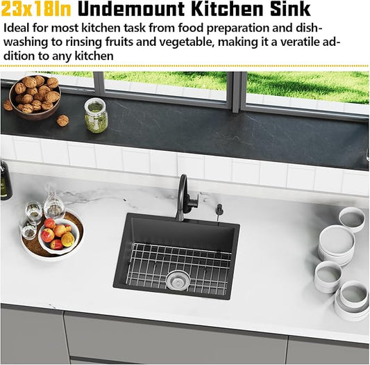 Black 23x18 Inch Undermount Kitchen Sink-Stainless Steel Single Bowl Drop In Kitchen Sink Stylish And Modern Look With Bottom Grid,Silicon Mat And Drain Assembly Add Elegance & Enhance Usability