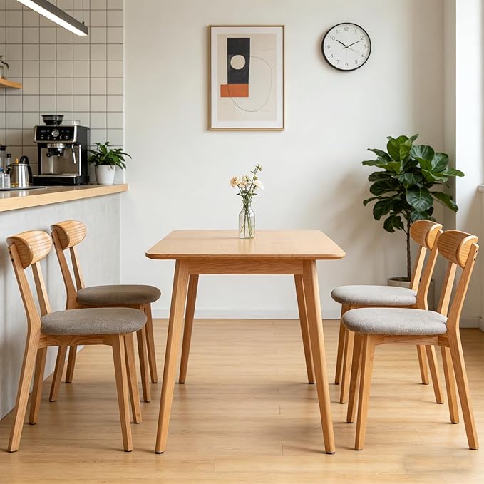 Solid Oak Side Chair Set of 4, Mid Century Modern Wood Curved Back with Padded Seat, 400 lbs Heavy Duty, Natural Wood Armless Dining Chairs for Breakfast Nook, Kitchen, or Apartment Use