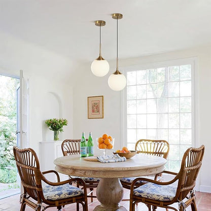 KCO Lighting 7” Small Milk Glass Pendant Light Gold Globe Kitchen Pendant Lights Vintage White Glass Hanging Light Fixture Mid Century Modern Dining Room Ceiling Light Fixture (2 Pack)